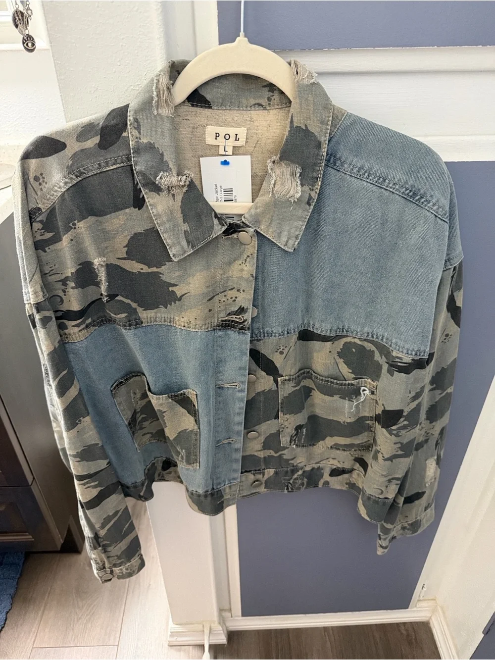 POL Distressed Denim & Camouflage Utility Jacket in Blue and Grey - Picture 1 of 3